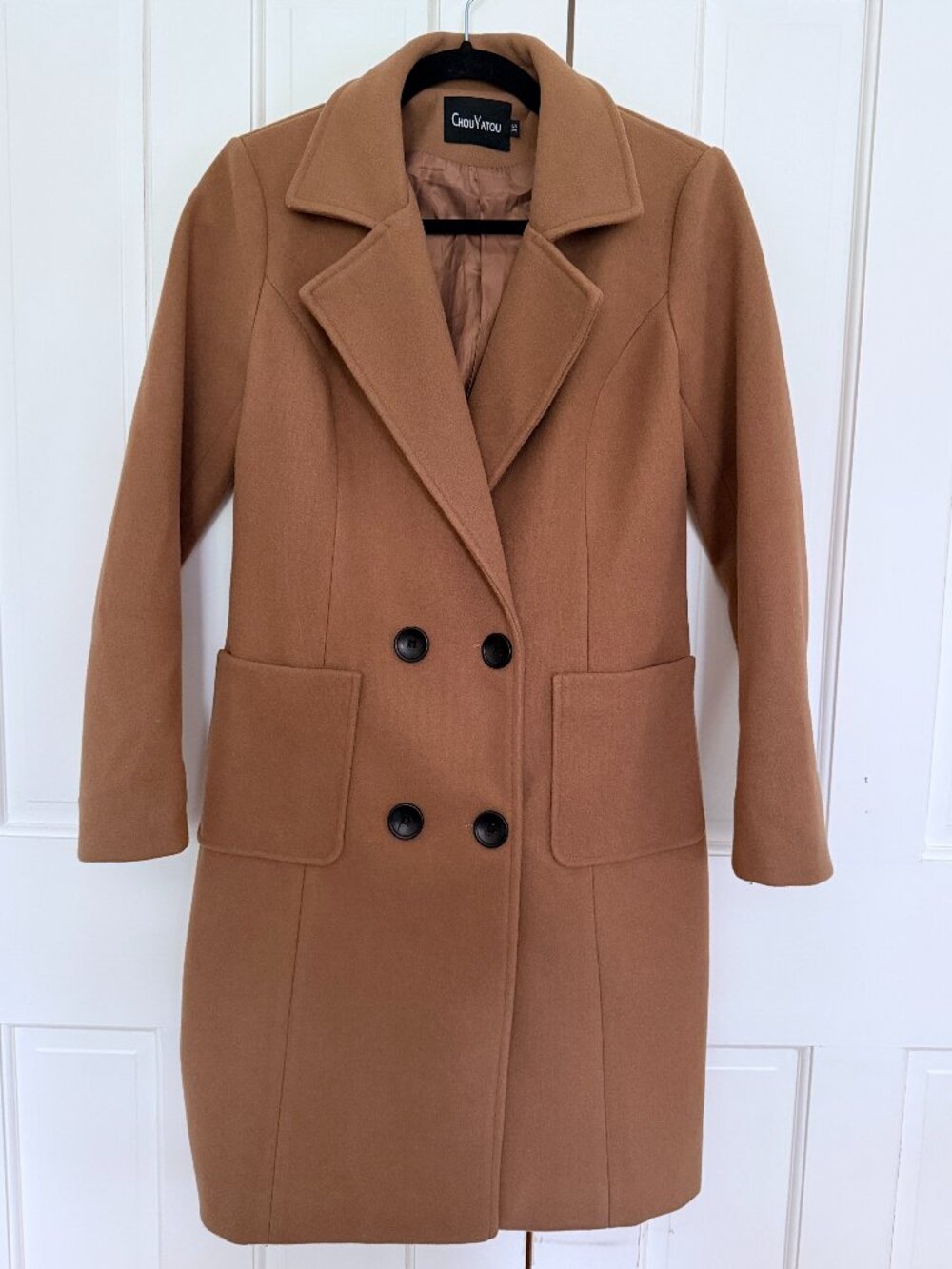 Chouyatou Notched Collar Double Breasted Wool Coat — Size XS | Camel | Like New